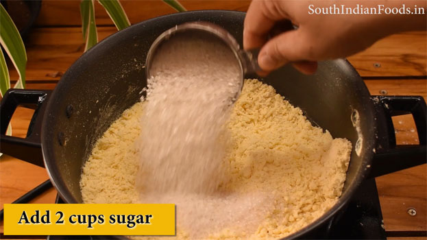 Heat ghee in a pan add gram flour saute till you get nice aroma