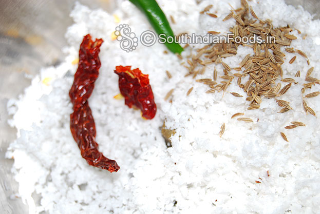 For grinding:- Add grated coconut, green chilli, dry red chilli, cumin seeds in a mixer jar grind well with 1 cup of water