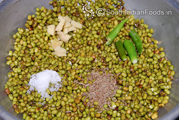 Wash and soak green gram over night then drain water & add cumin, salt, green chilli & ginger
