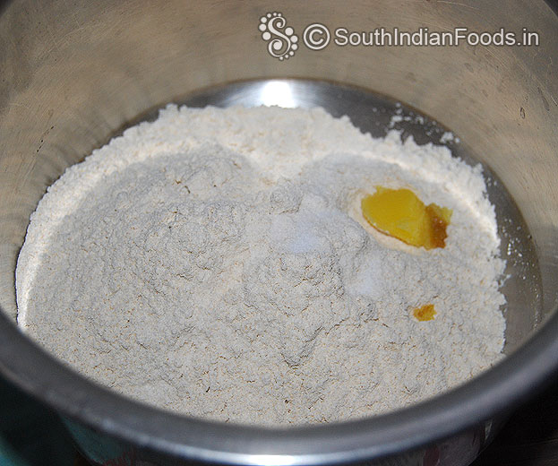 In a bowl add wheat flour, salt & ghee