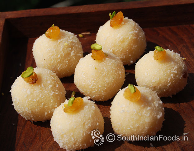 thengai ladooGarnish with roasted raisins, pistachios serve