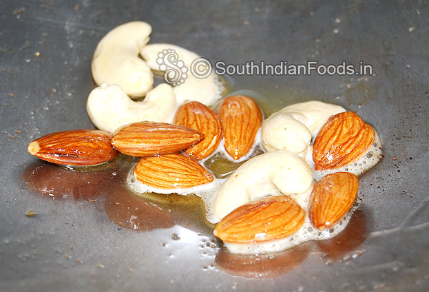 Heat ghee in a pan then roast cashew nuts & almonds then chop