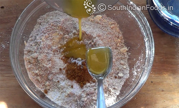 Add red chilli powder, hing, ghee, salt mix well