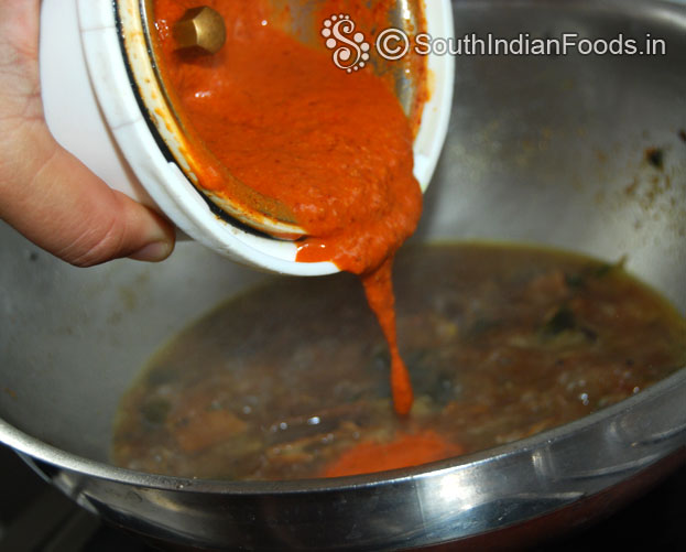 Add freshly ground mangai vathal paste mix well, add water if required