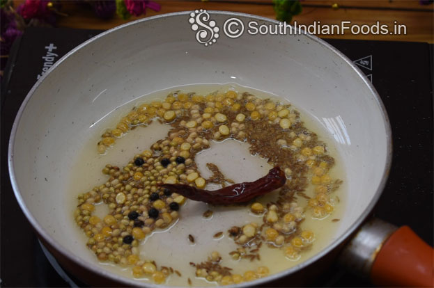 Heat 1 tbsp oil, add chana dal, urad dal, coriander, cumin, pepper, red chilli, fry