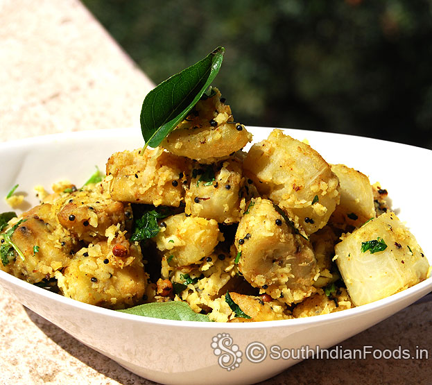 Tasty kaccha kela stir fry is ready, serve hot with rice